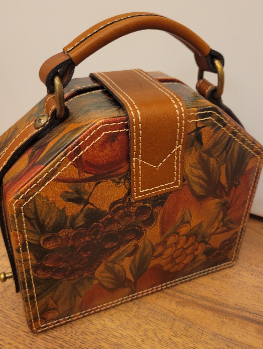 Leather Top-Handle Floral Print Box Bag in Brown - Picture 2 of 7